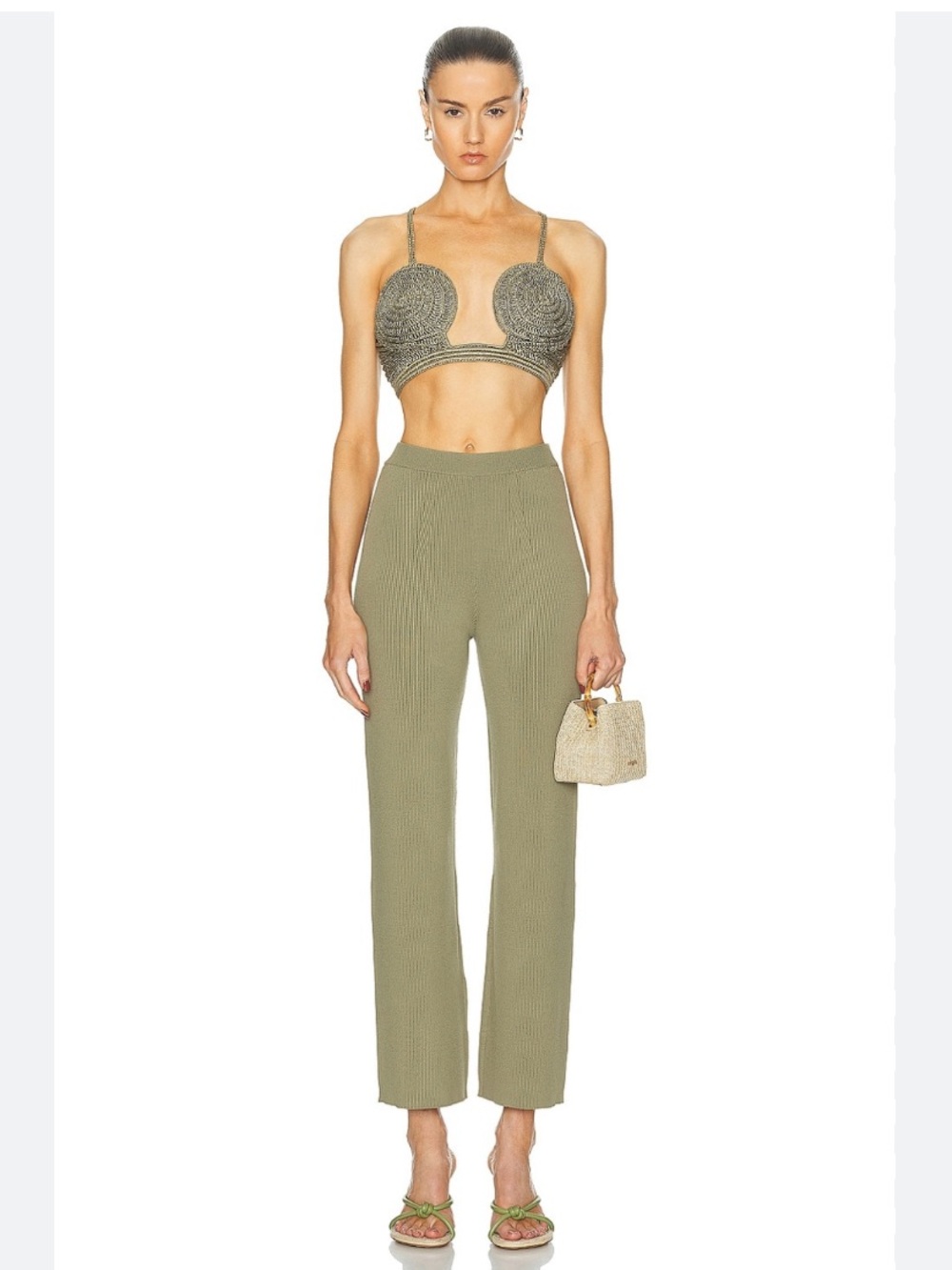 NWT Cult Gaia Pants Torina Ribbed Knit Flare Pull-On in Green Tea